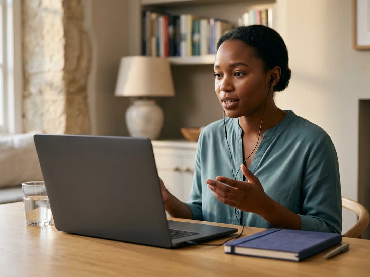 A candidate explaining an answer to her laptop during an interview at home.