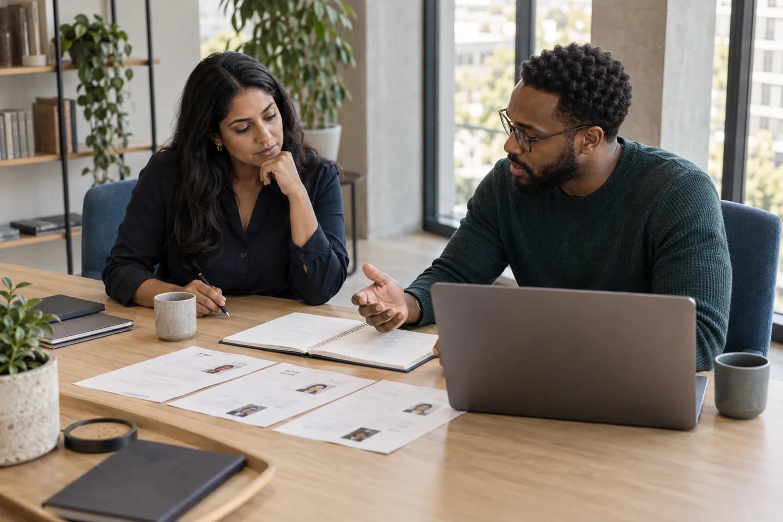 Two hiring colleagues thoughtfully reviewing candidate information together.