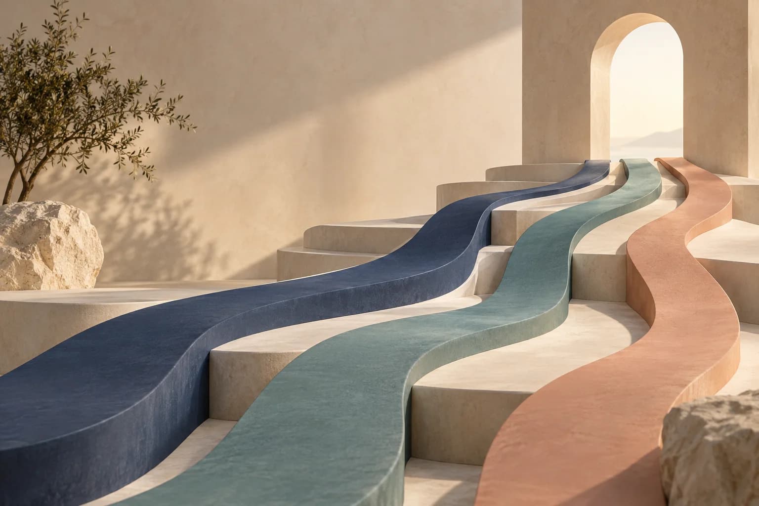 Sculptural indigo, teal and terracotta paths crossing ivory terraces toward an open doorway.