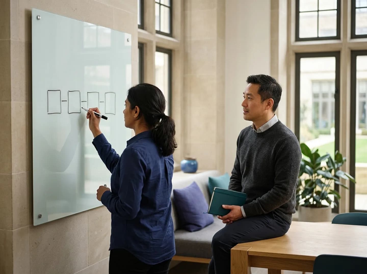 A talent lead sketching a hiring process on a glass board while a hiring manager listens.