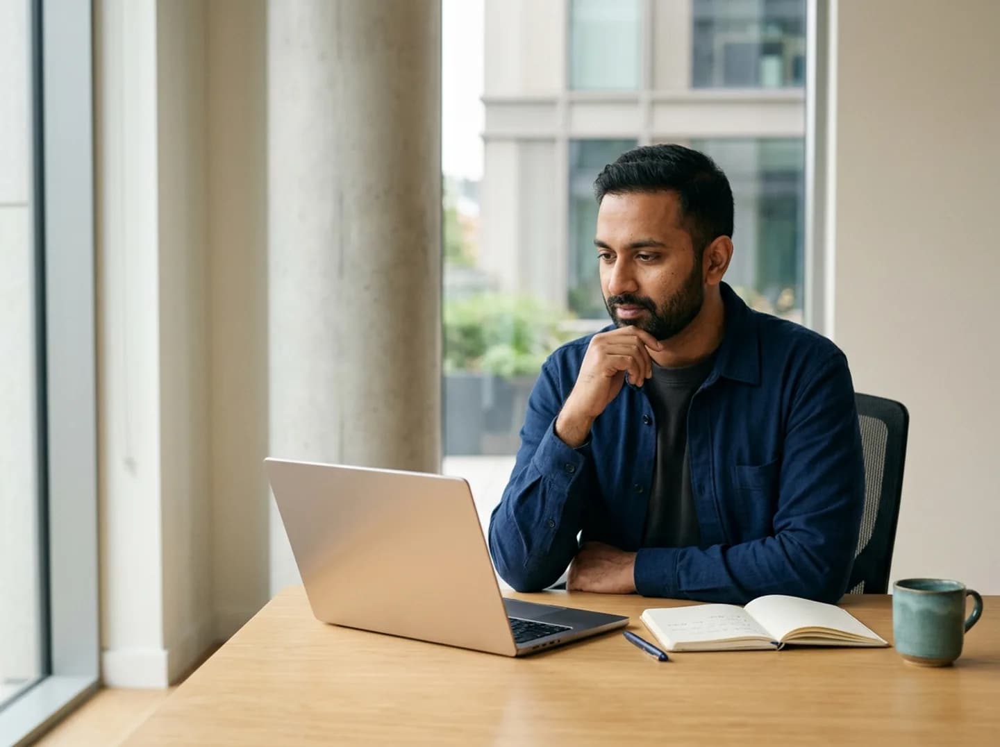 A recruiter reading carefully at a laptop with a notebook open beside him.