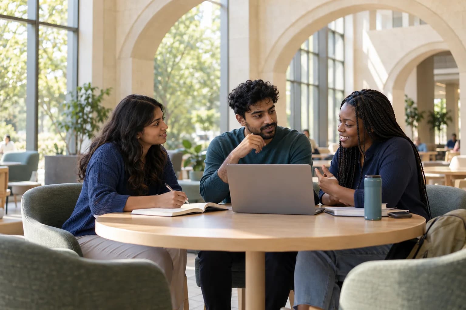 Three students preparing for interviews together around a laptop in a bright campus space.