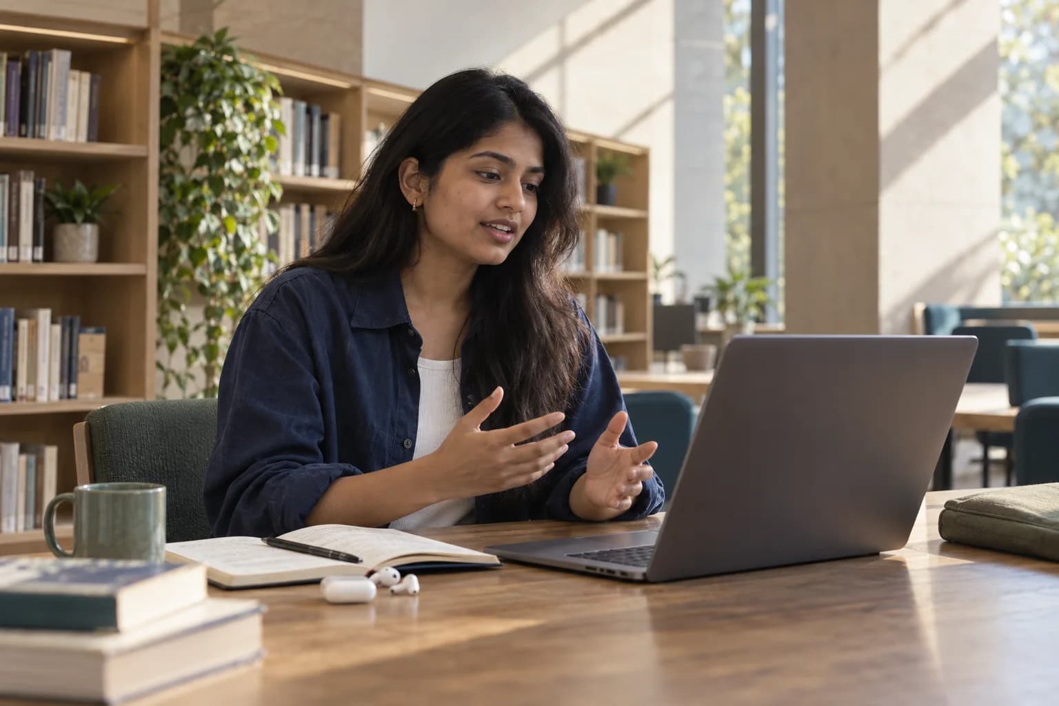 A candidate rehearsing an interview answer out loud at her laptop in a quiet study space.