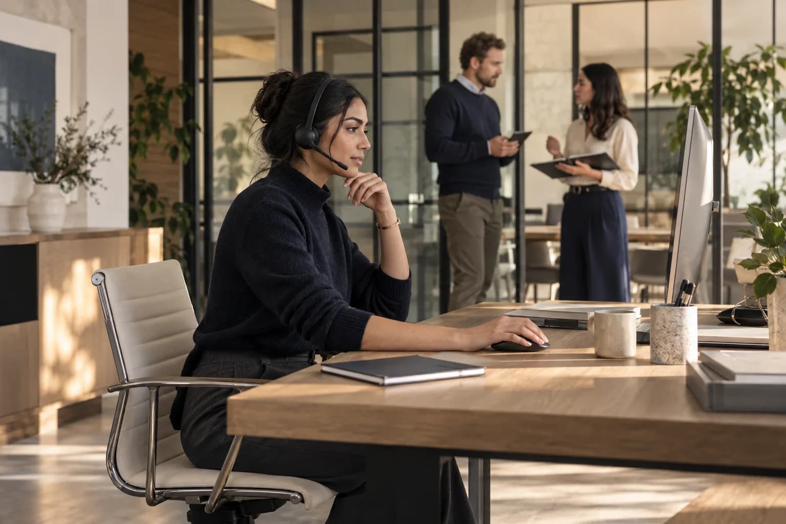 A recruiter coordinating a call in an airy agency studio while colleagues collaborate nearby.