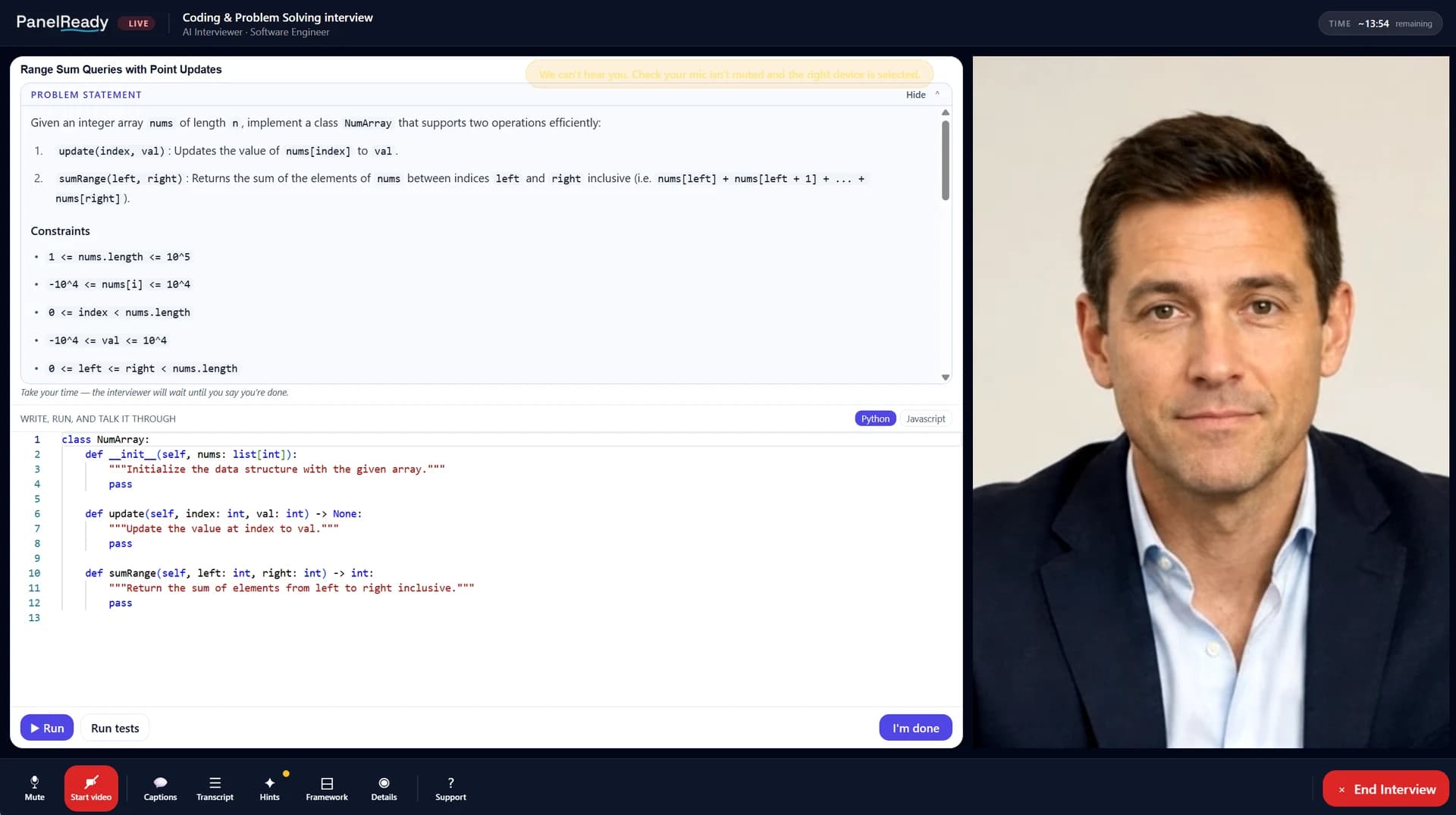 A PanelReady coding interview: the problem statement, a code editor with Run and Run tests, and the AI interviewer on screen.
