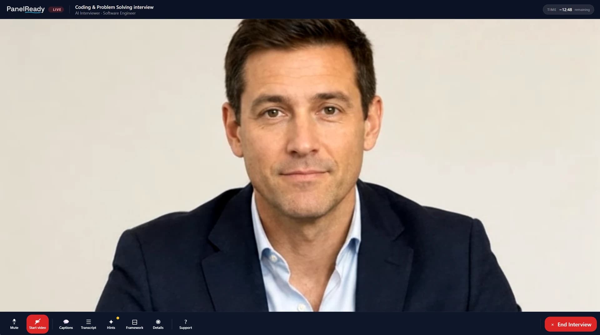 The PanelReady interview room: a live AI video interviewer with mute, captions, transcript, hints and framework controls.